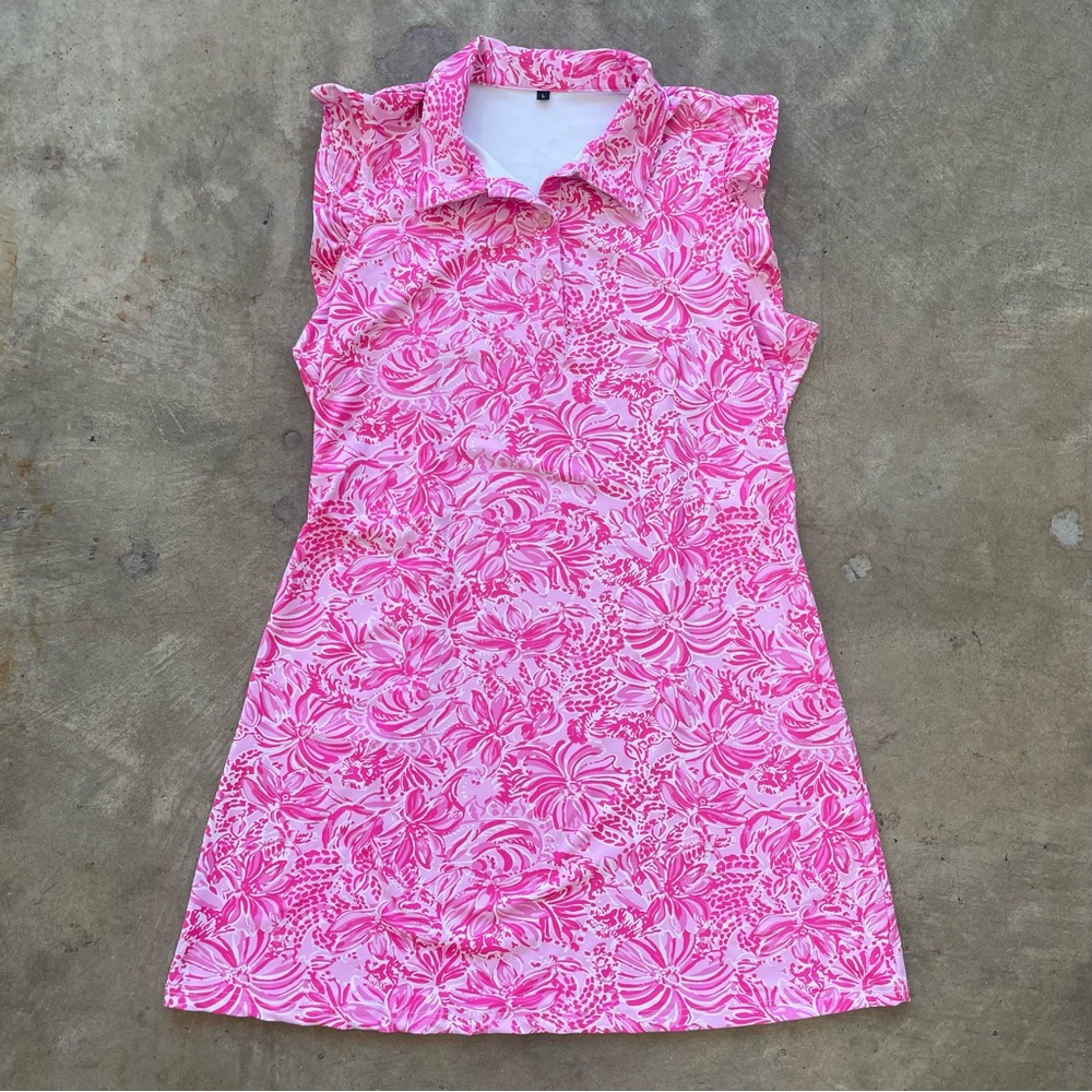 2000s Pink and White floral sleeveless collared  dress in size Large size 12/14